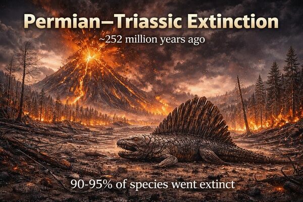 The extinction at the end of the Permian was the largest in history, killing an estimated 90-95% of species.